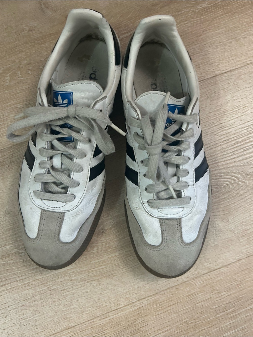 adidas samba woman White Sneakers with Black Stripes and Gray Suede Accents